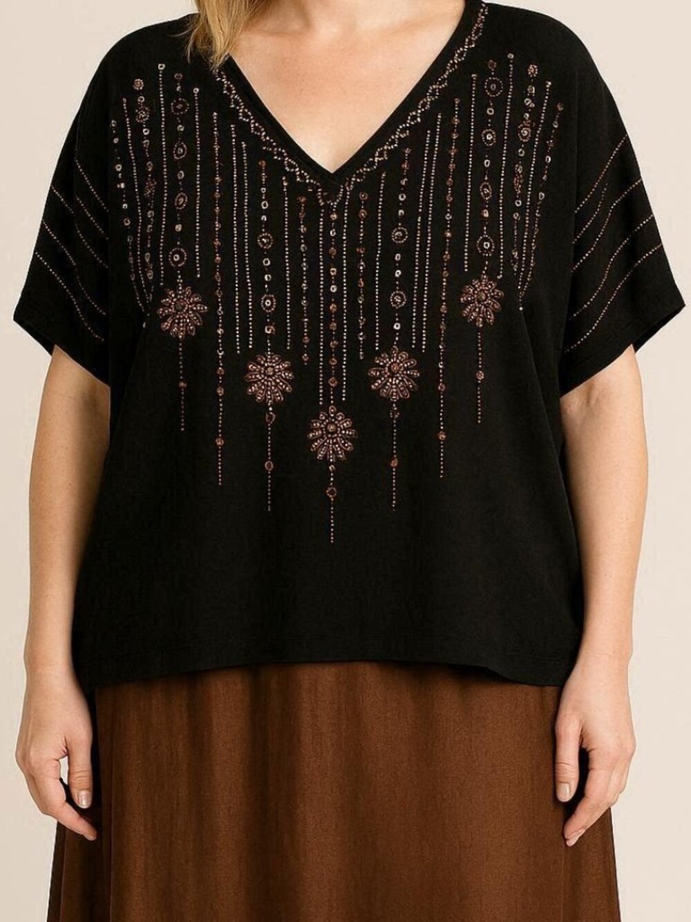 Art Deco Design Black Gold Silver Short Sleeve Long Length Blouse size 3X